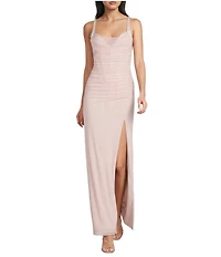 Gianni Bini Angelina Mesh Corset High Slit Sweetheart Neck Sleeveless Maxi Dress