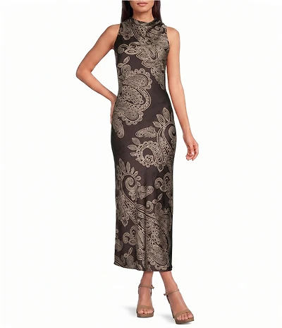 Gianni Bini Aurora Satin Paisley Printed Mock Neck Sleeveless Lace Dress