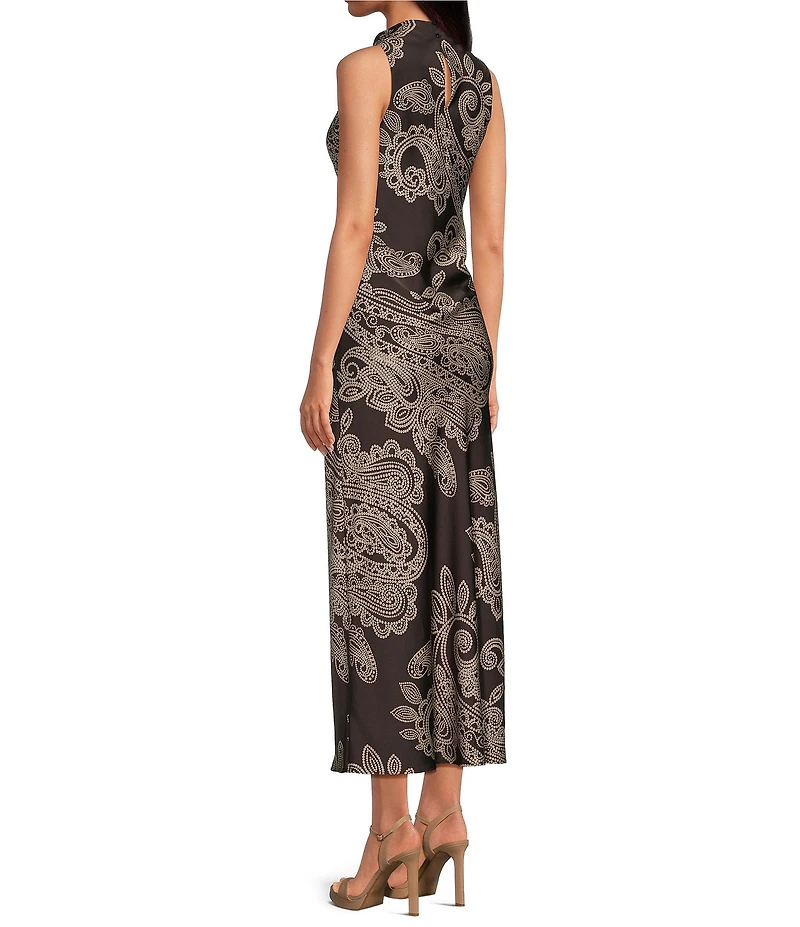 Gianni Bini Aurora Satin Paisley Printed Mock Neck Sleeveless Lace Dress