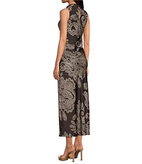 Gianni Bini Aurora Satin Paisley Printed Mock Neck Sleeveless Lace Dress