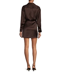 Gianni Bini Avery Long Sleeve Satin Point Collar Neck Faux Wrap Dress