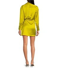 Gianni Bini Avery Long Sleeve Satin Point Collar Neck Faux Wrap Dress