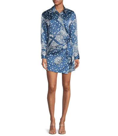 Gianni Bini Avery Paisley Print Satin Collared Long Sleeve Mini Wrap Dress