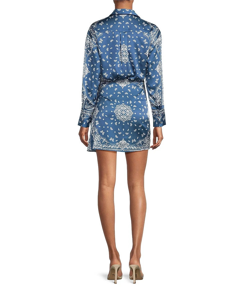 Gianni Bini Avery Paisley Print Satin Collared Long Sleeve Mini Wrap Dress