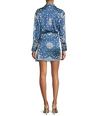 Gianni Bini Avery Paisley Print Satin Collared Long Sleeve Mini Wrap Dress
