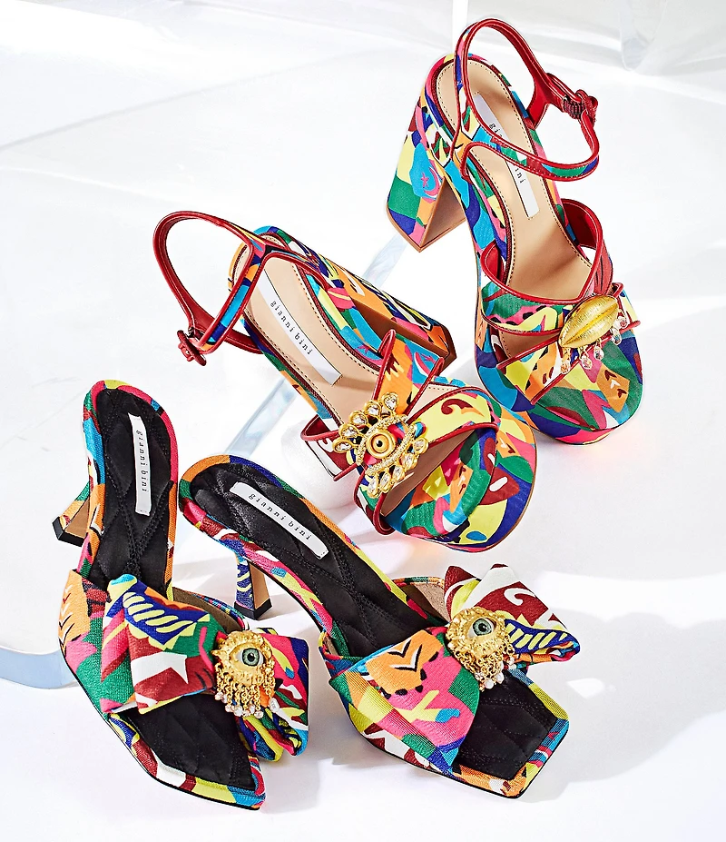 Gianni Bini Beaux Printed Whimsical Mismatch Ornament Platform Dress Sandals