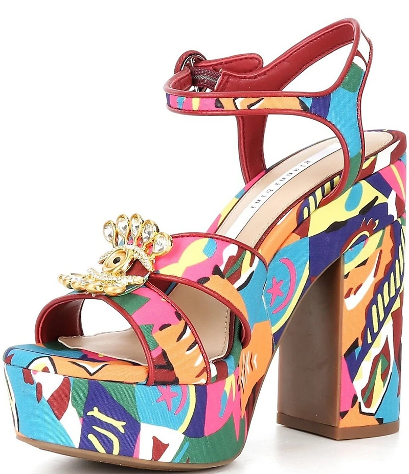 Gianni Bini Beaux Printed Whimsical Mismatch Ornament Platform Dress Sandals