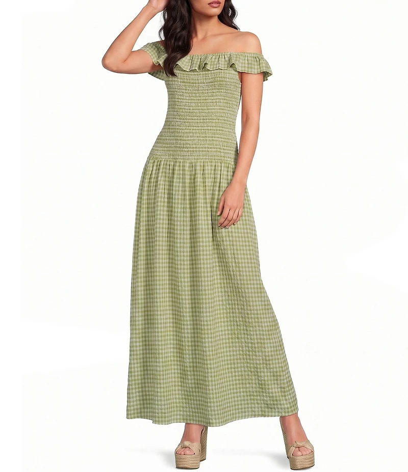 Gianni Bini Bonnie Gingham Print Off-the-Shoulder Drop Waist Midi Dress