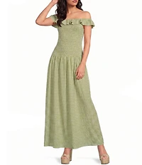 Gianni Bini Bonnie Gingham Print Off-the-Shoulder Drop Waist Midi Dress