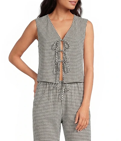 Gianni Bini Bree Gingham Print V-Neck Sleeveless Tie-Front Coordinating Tank