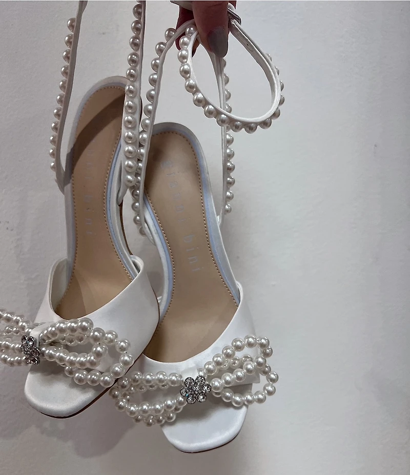 Gianni Bini Bridal Collection Haydn Two Satin Pearl Bow Ankle Strap Dress Sandals
