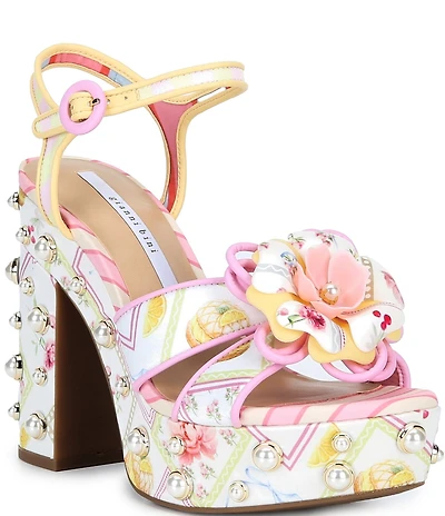Gianni Bini Brook Two Floral Postcard Print Pearl Platform Block Heel Dress Sandals