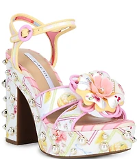 Gianni Bini Brook Two Floral Postcard Print Pearl Platform Block Heel Dress Sandals