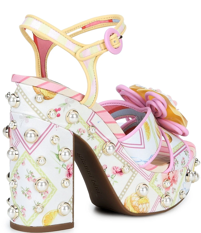 Gianni Bini Brook Two Floral Postcard Print Pearl Platform Block Heel Dress Sandals
