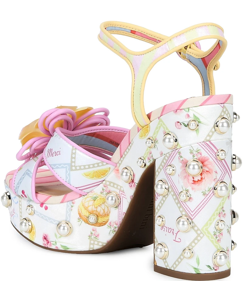 Gianni Bini Brook Two Floral Postcard Print Pearl Platform Block Heel Dress Sandals