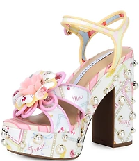 Gianni Bini Brook Two Floral Postcard Print Pearl Platform Block Heel Dress Sandals