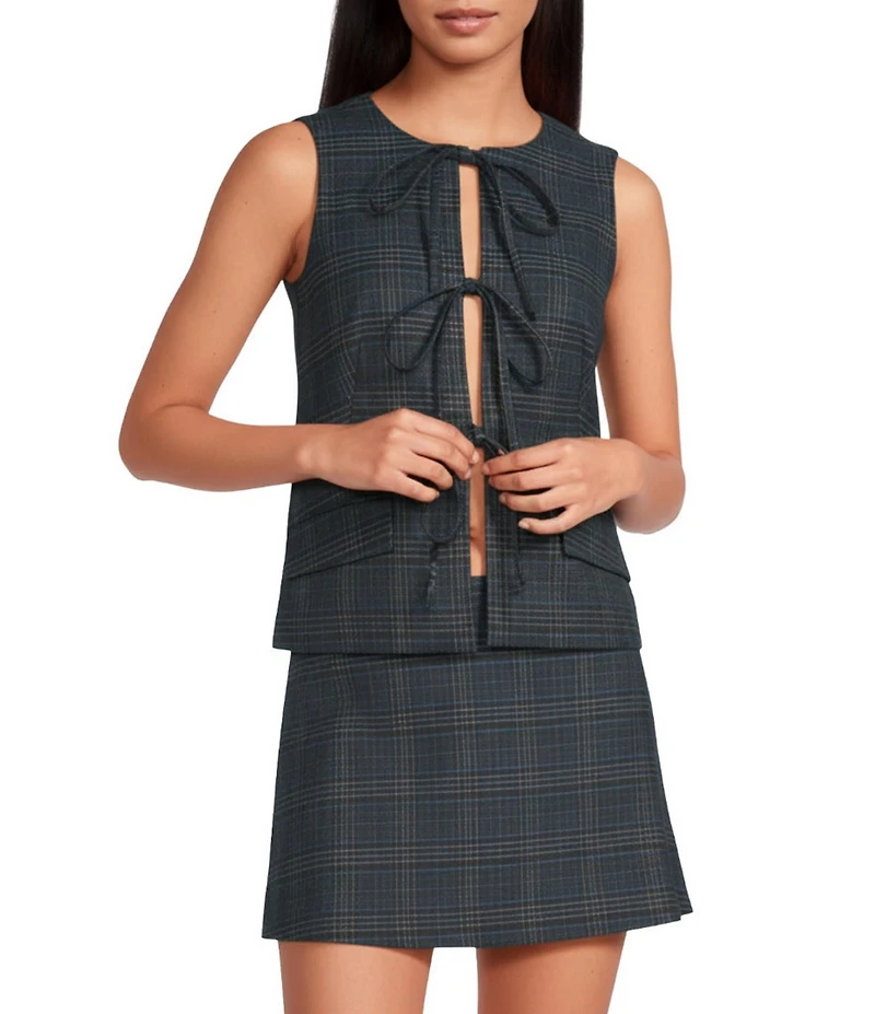 Gianni Bini Brooke Coordinating Plaid Tie Front Sleeveless Vest