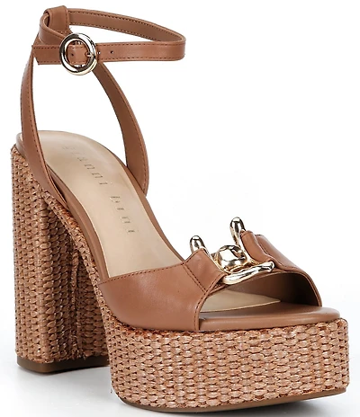 Gianni Bini Calvo Leather Ornamented Raffia Platform Dress Sandals
