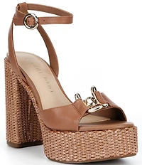 Gianni Bini Calvo Leather Ornamented Raffia Platform Dress Sandals