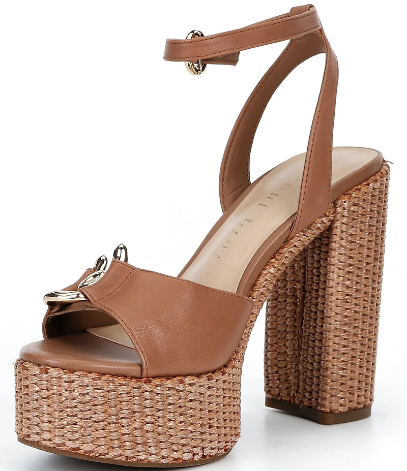 Gianni Bini Calvo Leather Ornamented Raffia Platform Dress Sandals