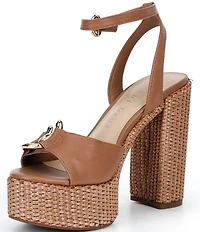 Gianni Bini Calvo Leather Ornamented Raffia Platform Dress Sandals