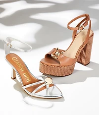 Gianni Bini Calvo Leather Ornamented Raffia Platform Dress Sandals