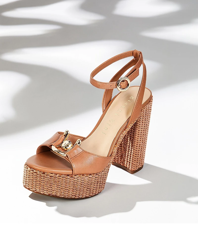Gianni Bini Calvo Leather Ornamented Raffia Platform Dress Sandals