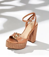 Gianni Bini Calvo Leather Ornamented Raffia Platform Dress Sandals