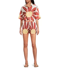 Gianni Bini Charlie Point Collar Short Sleeve Button Front Printed Satin Coordinating Blouse