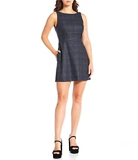 Gianni Bini Charlotte Crepe Plaid Print Boat Neck Sleeveless A-Line Dress