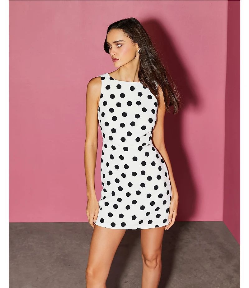 Gianni Bini Charlotte Crepe Polka Dot Print Boat Neck Sleeveless A-Line Mini Dress