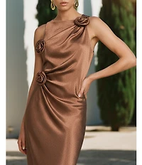 Gianni Bini Cheyanne Satin 3D Rosettes Cutout Round Neck Sleeveless Ruched Slip Maxi Dress