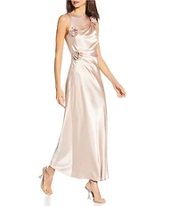 Gianni Bini Cheyanne Satin 3D Rosettes Cutout Round Neck Sleeveless Ruched Slip Maxi Dress