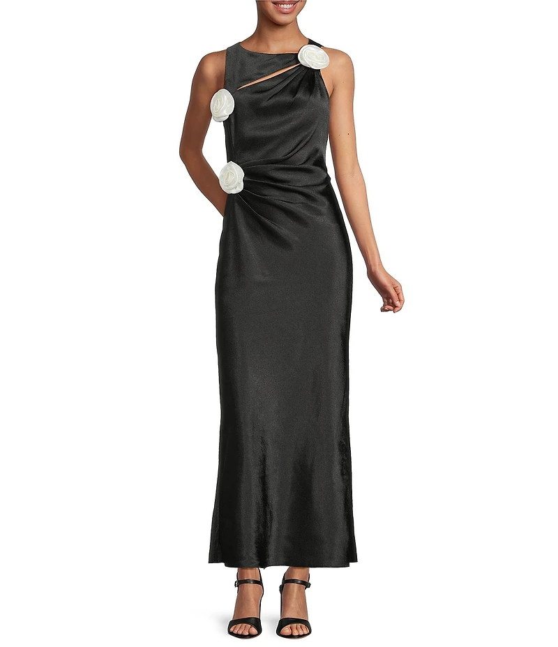 Gianni Bini Cheyanne Satin 3D Rosettes Cutout Round Neck Sleeveless Ruched Slip Maxi Dress