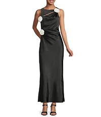Gianni Bini Cheyanne Satin 3D Rosettes Cutout Round Neck Sleeveless Ruched Slip Maxi Dress
