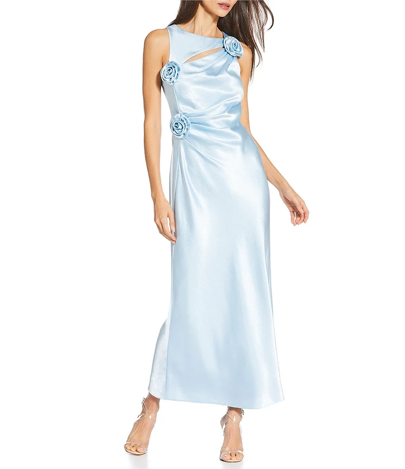 Gianni Bini Cheyanne Satin 3D Rosettes Cutout Round Neck Sleeveless Ruched Slip Maxi Dress