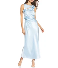 Gianni Bini Cheyanne Satin 3D Rosettes Cutout Round Neck Sleeveless Ruched Slip Maxi Dress
