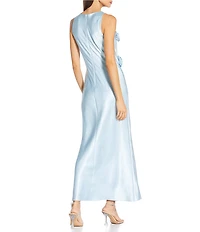 Gianni Bini Cheyanne Satin 3D Rosettes Cutout Round Neck Sleeveless Ruched Slip Maxi Dress