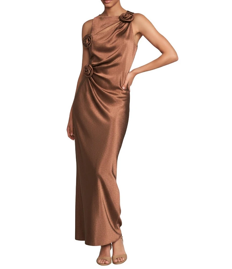 Gianni Bini Cheyanne Satin 3D Rosettes Cutout Round Neck Sleeveless Ruched Slip Maxi Dress