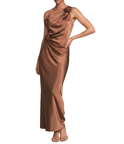 Gianni Bini Cheyanne Satin 3D Rosettes Cutout Round Neck Sleeveless Ruched Slip Maxi Dress