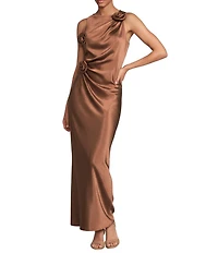 Gianni Bini Cheyanne Satin 3D Rosettes Cutout Round Neck Sleeveless Ruched Slip Maxi Dress