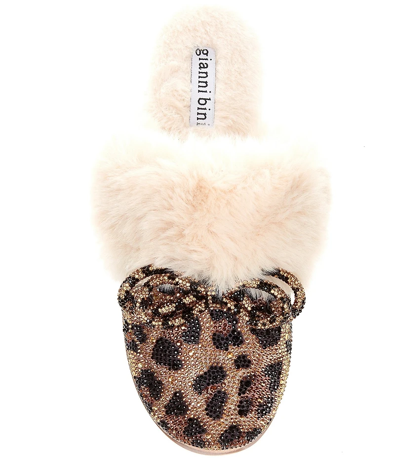Gianni Bini Comfiee Four Leopard Embellished Rhinestone Bow Faux Fur Slippers
