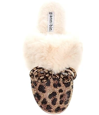 Gianni Bini Comfiee Four Leopard Embellished Rhinestone Bow Faux Fur Slippers