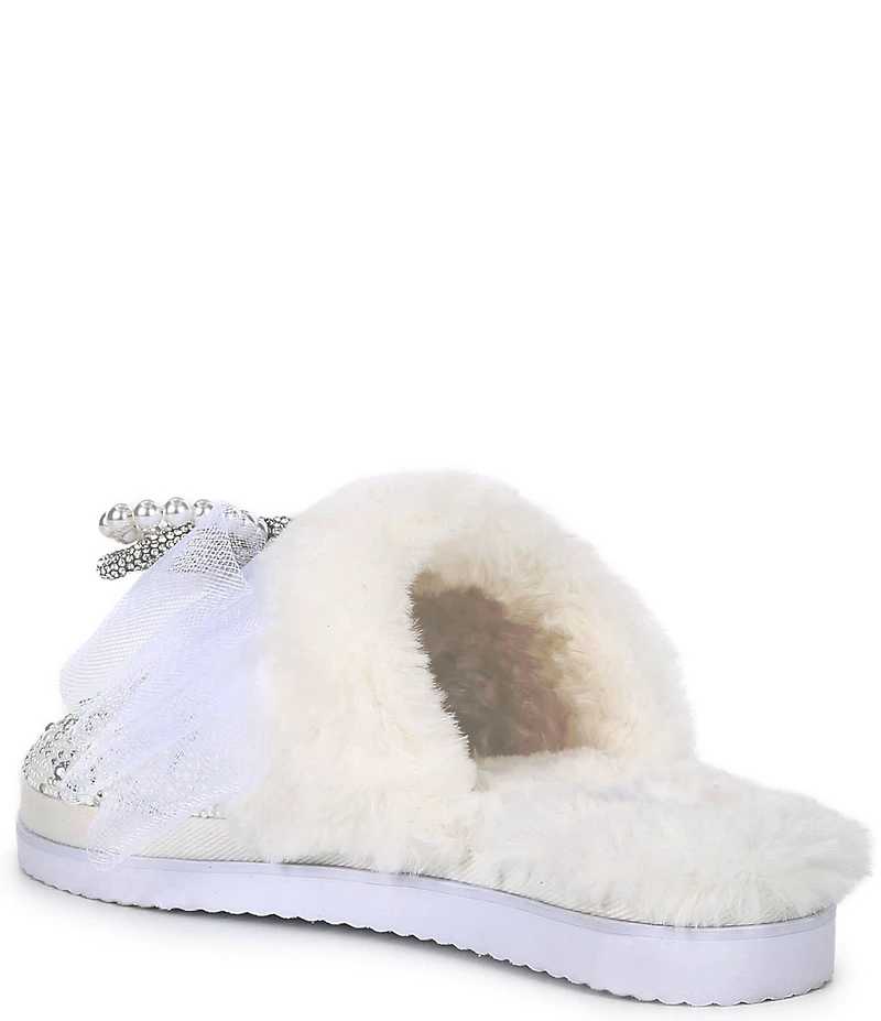 Gianni Bini Comfiee Three Rhinestone Pearl Bow Ornament Faux Fur Slippers