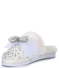 Gianni Bini Comfiee Three Rhinestone Pearl Bow Ornament Faux Fur Slippers