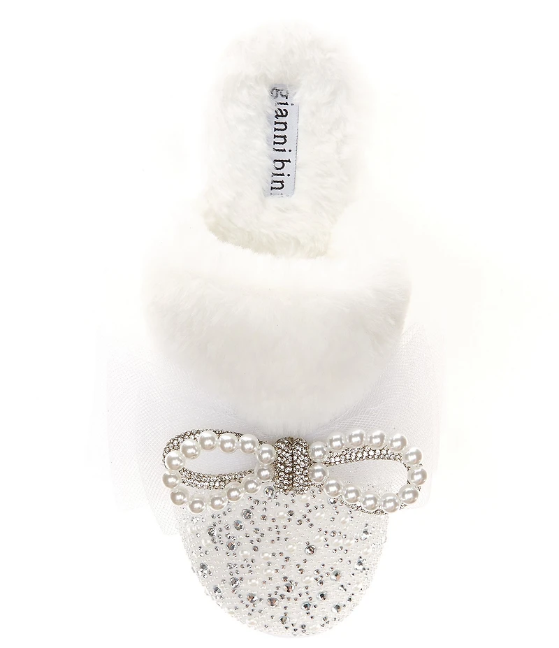 Gianni Bini Comfiee Three Rhinestone Pearl Bow Ornament Faux Fur Slippers