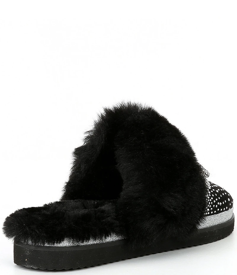 Gianni Bini Comfiee Two Embellished Rhinestone Bow Faux Fur Slippers