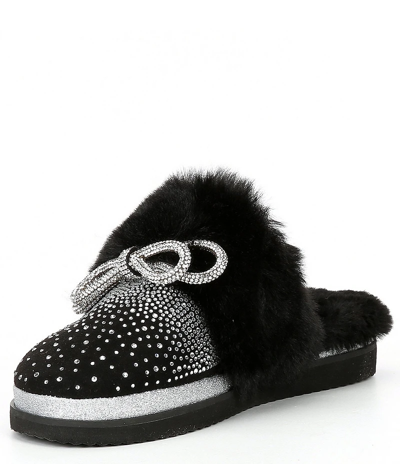 Gianni Bini Comfiee Two Embellished Rhinestone Bow Faux Fur Slippers
