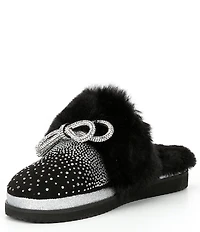Gianni Bini Comfiee Two Embellished Rhinestone Bow Faux Fur Slippers