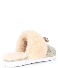 Gianni Bini Comfiee Two Embellished Rhinestone Bow Faux Fur Slippers